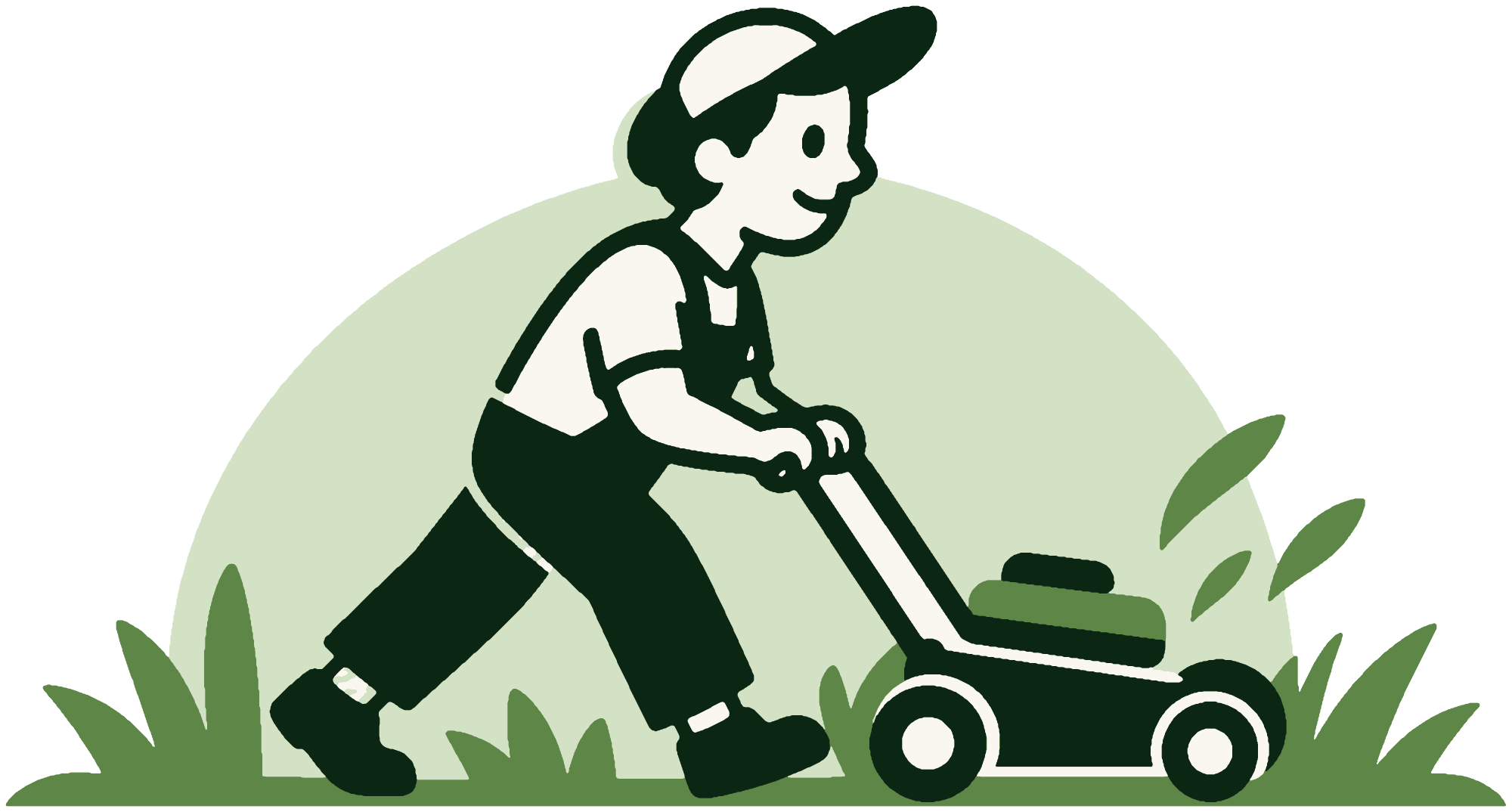 Illustration of a young man in a cap pushing a lawn mower through the grass